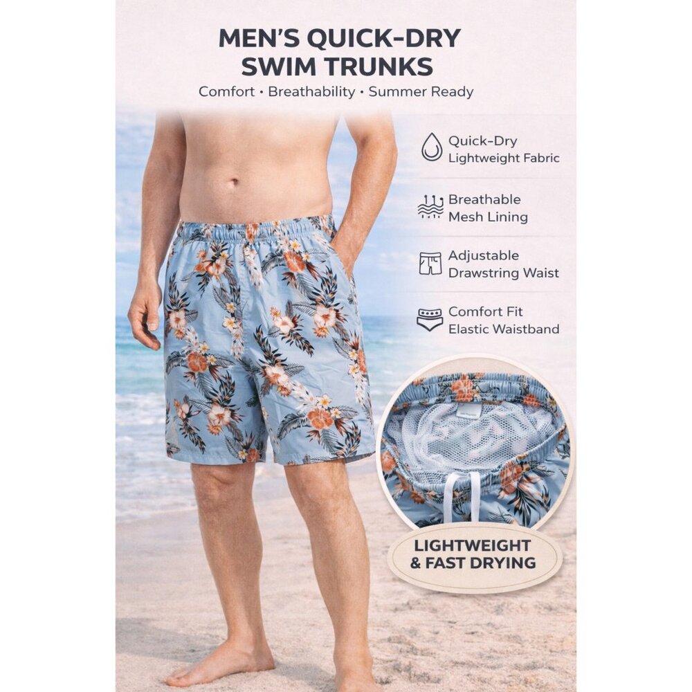 Men’s 2-Pack Quick-Dry Swim Trunks Mesh Liner Beach Board Swim Shorts, 2-Pockets - Picture 3 of 7